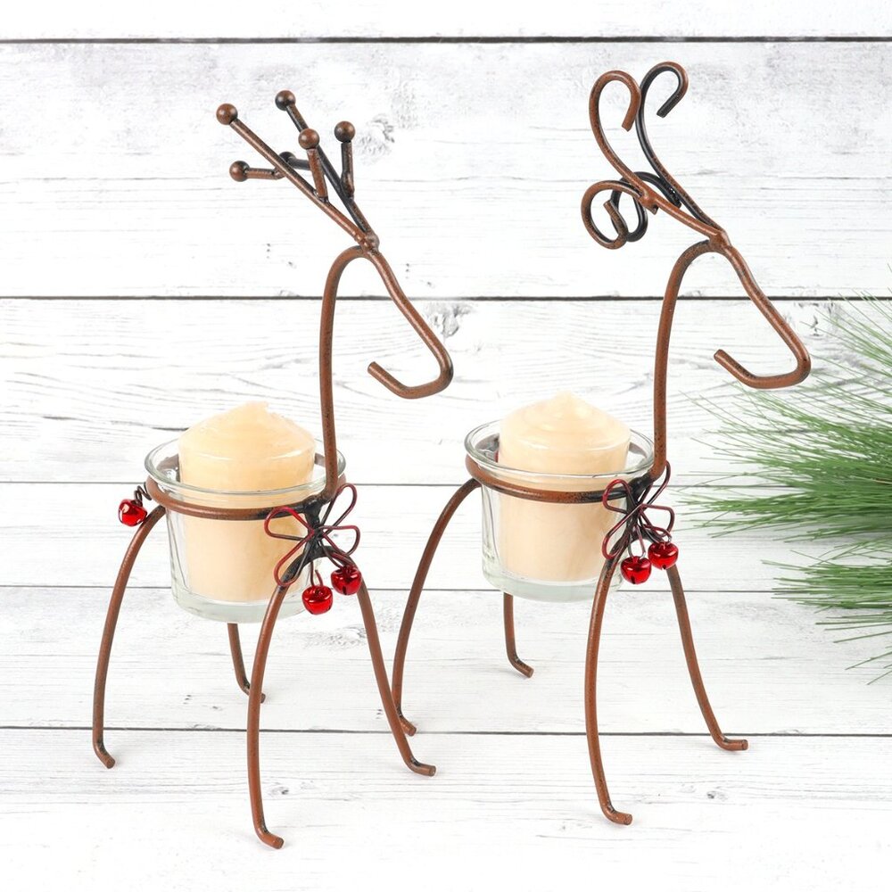 Set of Two 9"in Metal Reindeer Votive Candleholders